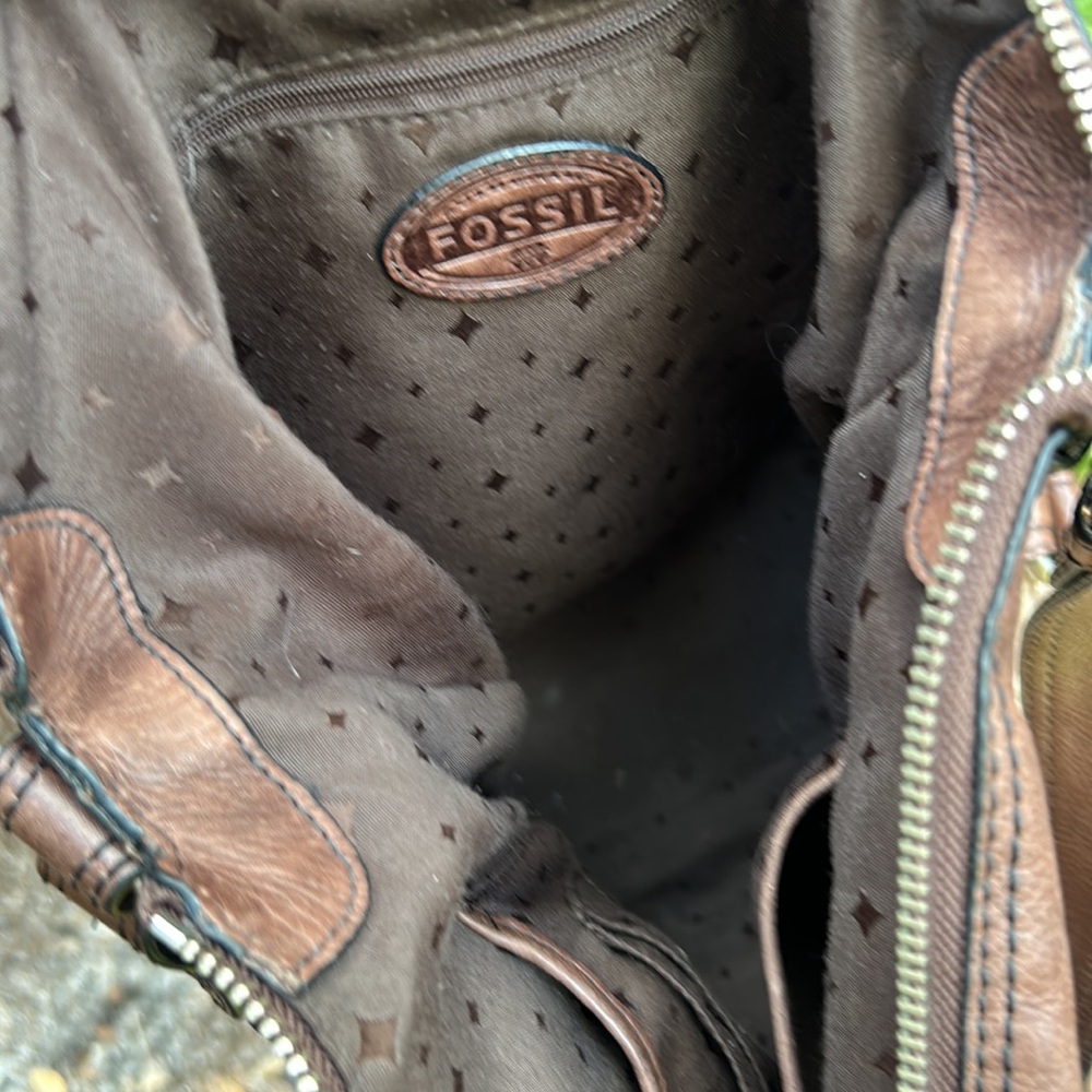 Fossil brown leather trimmed canvas signature buckle strap distressed bucket bag - Picture 11 of 12